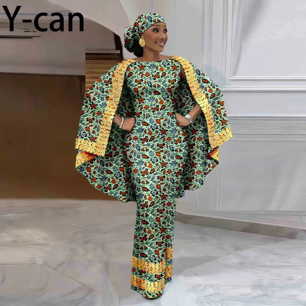 African-Inspired Maxi Dress with Cape & Headscarf - Free Delivery Worldwide only at Flexi Africa