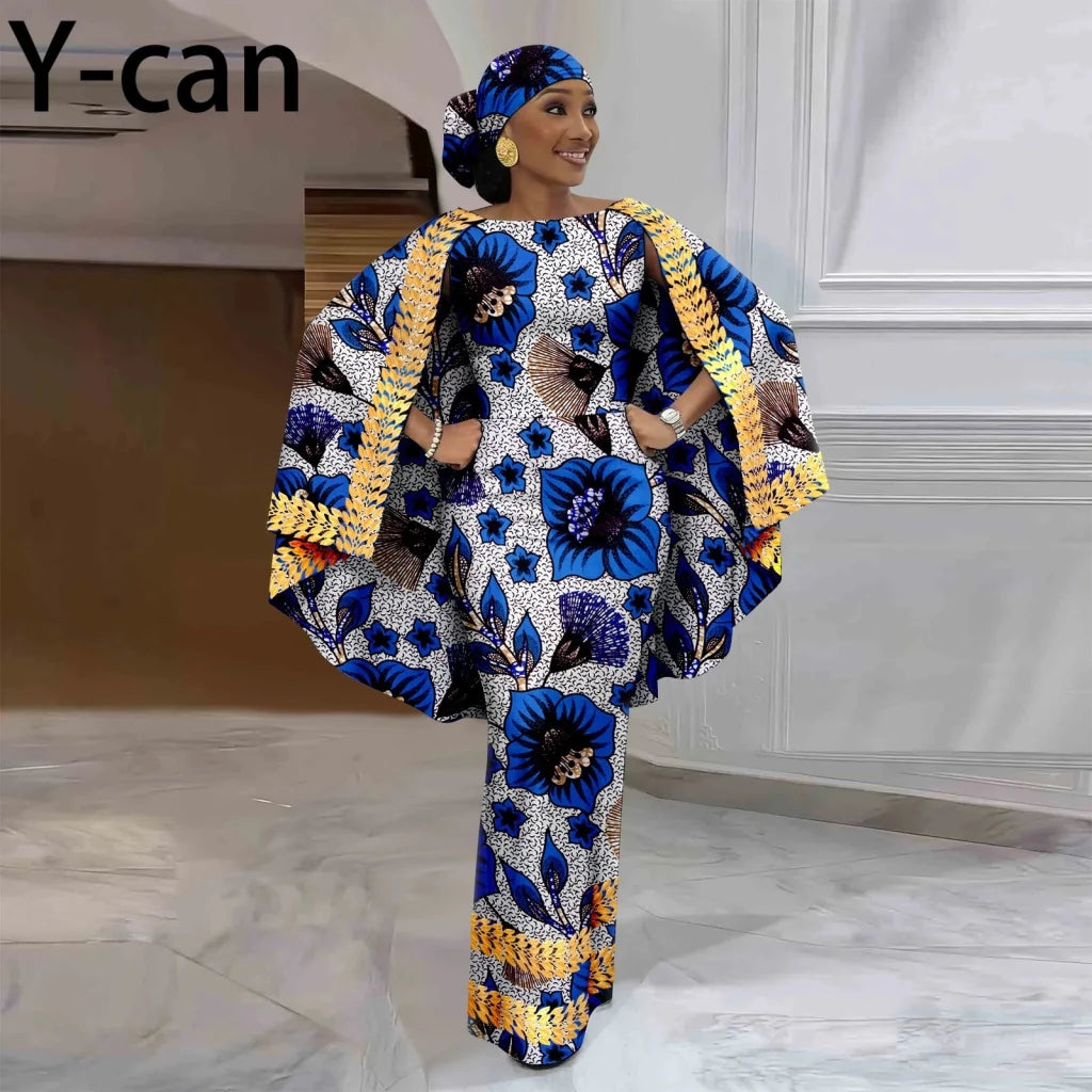 African-Inspired Maxi Dress with Cape & Headscarf - Free Delivery Worldwide only at Flexi Africa