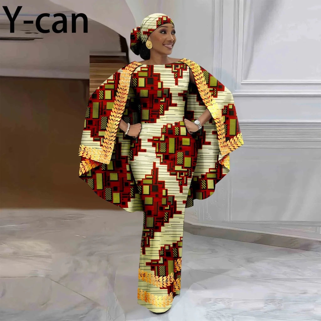African-Inspired Maxi Dress with Cape & Headscarf - Free Delivery Worldwide only at Flexi Africa