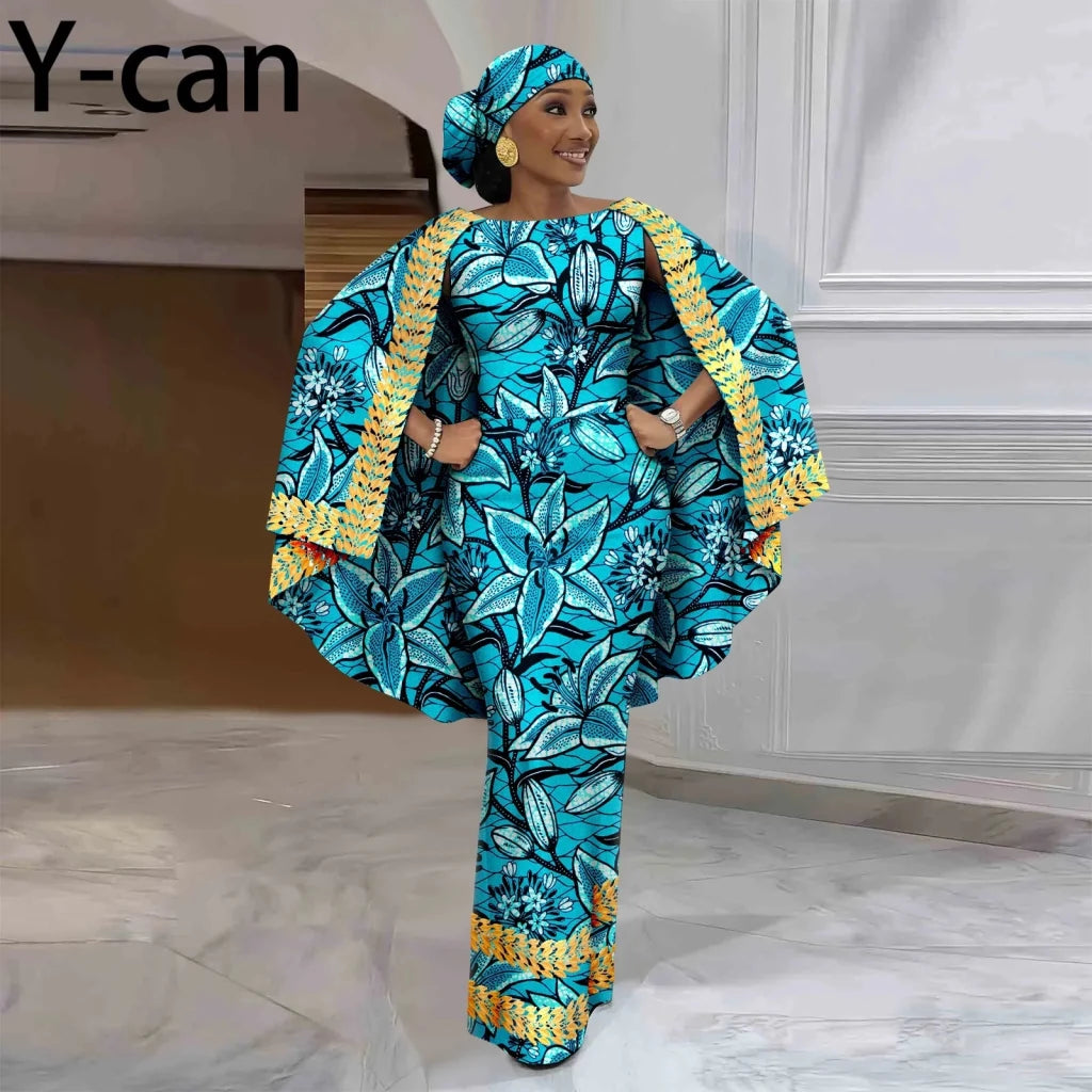 African-Inspired Maxi Dress with Cape & Headscarf - Free Delivery Worldwide only at Flexi Africa