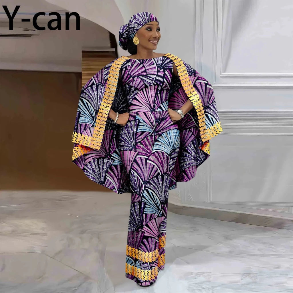 African-Inspired Maxi Dress with Cape & Headscarf - Free Delivery Worldwide only at Flexi Africa