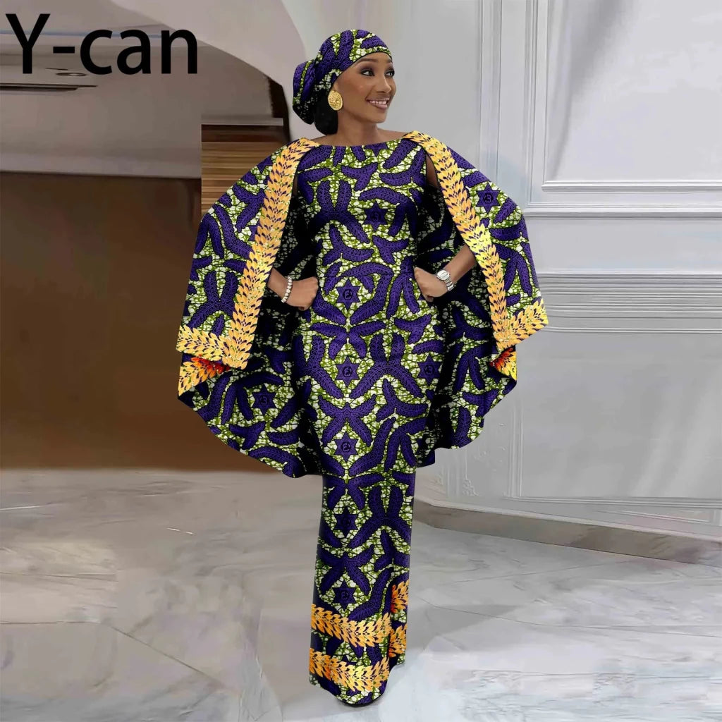 African-Inspired Maxi Dress with Cape & Headscarf - Free Delivery Worldwide only at Flexi Africa