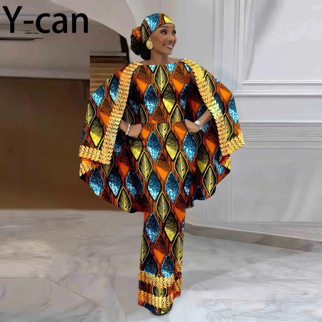 African-Inspired Maxi Dress with Cape & Headscarf - Free Delivery Worldwide only at Flexi Africa