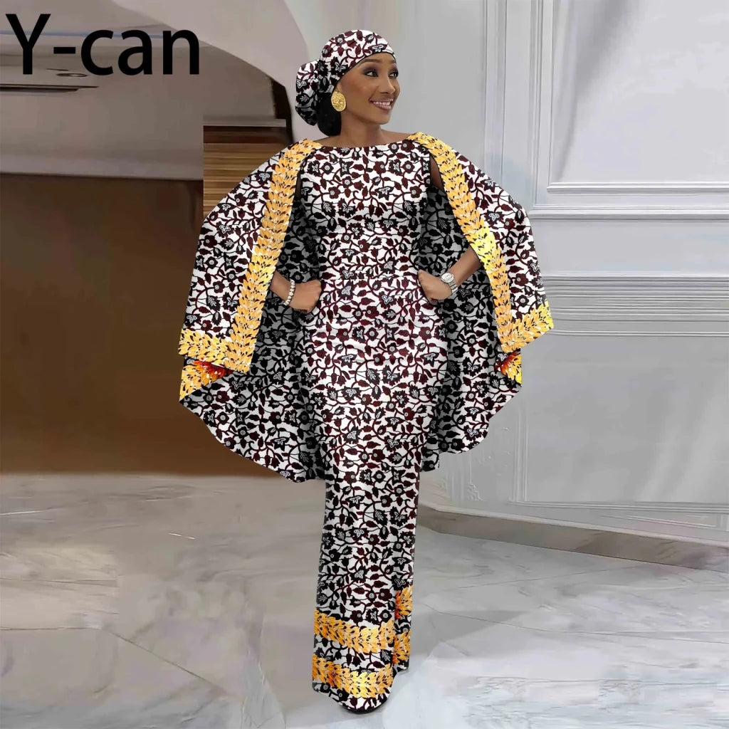 African-Inspired Maxi Dress with Cape & Headscarf - Free Delivery Worldwide only at Flexi Africa