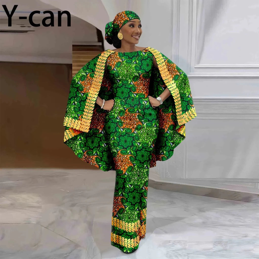 African-Inspired Maxi Dress with Cape & Headscarf - Free Delivery Worldwide only at Flexi Africa
