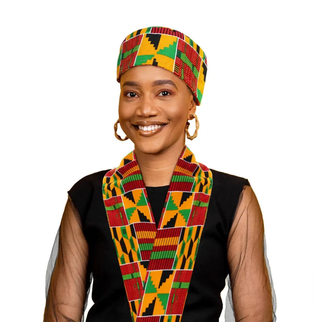 African Kente Kufi Hat and Stole Sash Set – Traditional Black History Celebration Outfit Accessories - Free Delivery Worldwide only at Flexi Africa