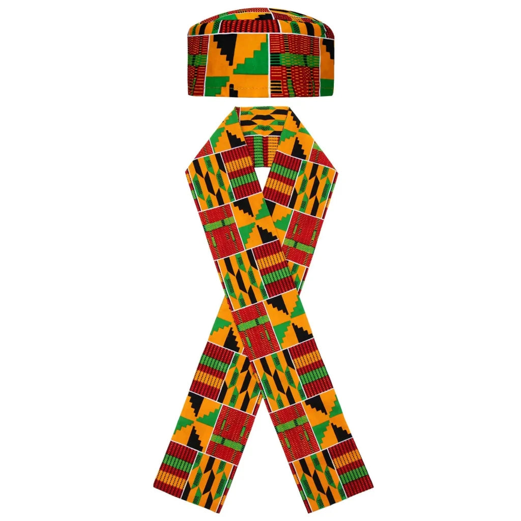 African Kente Kufi Hat and Stole Sash Set – Traditional Outfit Accessories - Free Delivery Worldwide only at Flexi Africa