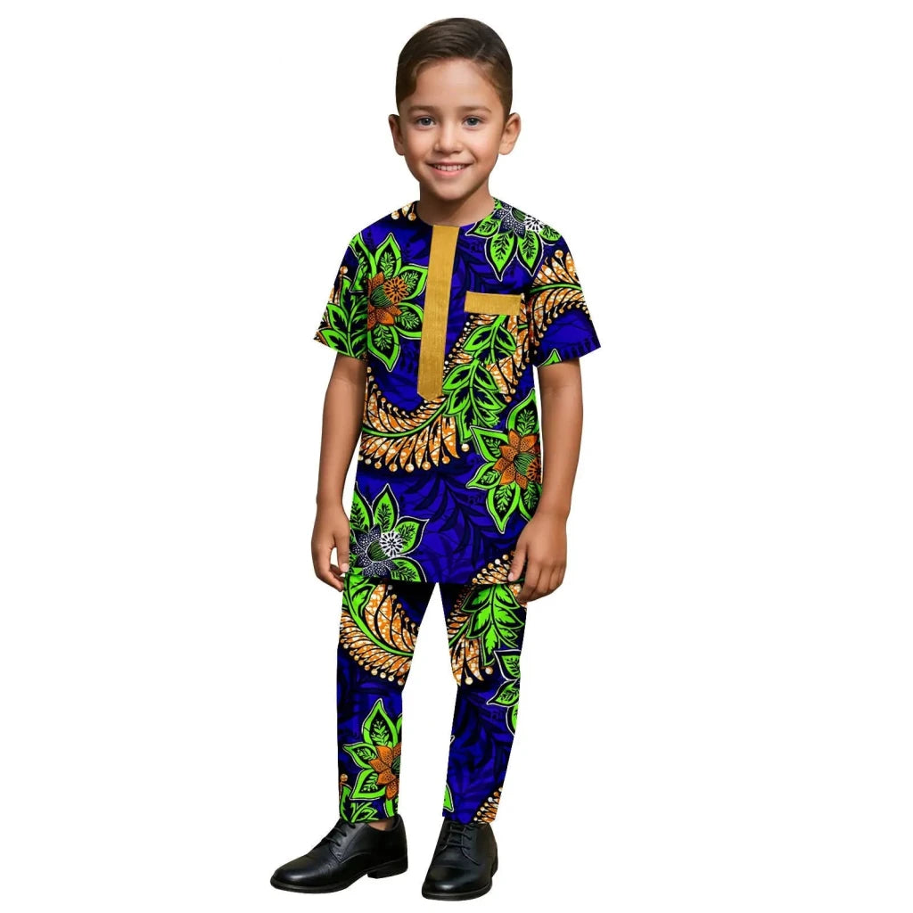 African Kids Dashiki Print Silk – Bazin Riche Boys Outfit & Traditional Suit - Free Delivery Worldwide only at Flexi Africa