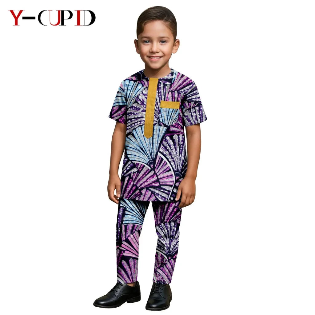 African Kids Dashiki Print Silk – Bazin Riche Boys Outfit & Traditional Suit - Free Delivery Worldwide only at Flexi Africa