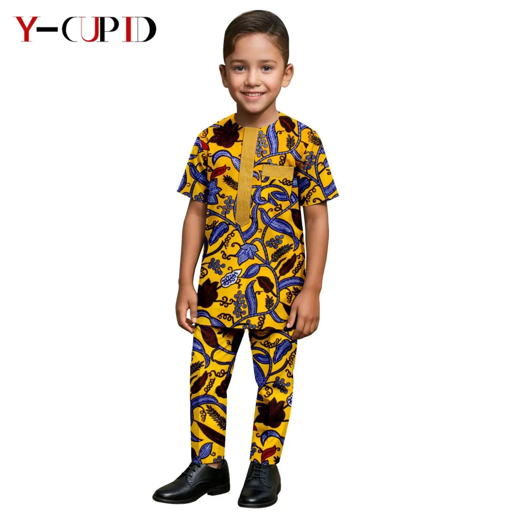 African Kids Dashiki Print Silk – Bazin Riche Boys Outfit & Traditional Suit - Free Delivery Worldwide only at Flexi Africa