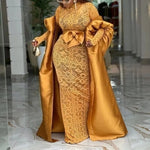 African Lace Bodycon Dress with Sheer Kaftan Boubou Robe & Bow Belt - Free Delivery Worldwide only at Flexi Africa