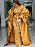 African Lace Bodycon Dress with Sheer Kaftan Boubou Robe & Bow Belt - Free Delivery Worldwide only at Flexi Africa