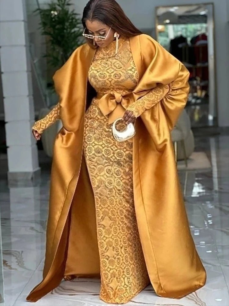 African Lace Bodycon Dress with Sheer Kaftan Boubou Robe & Bow Belt - Free Delivery Worldwide only at Flexi Africa