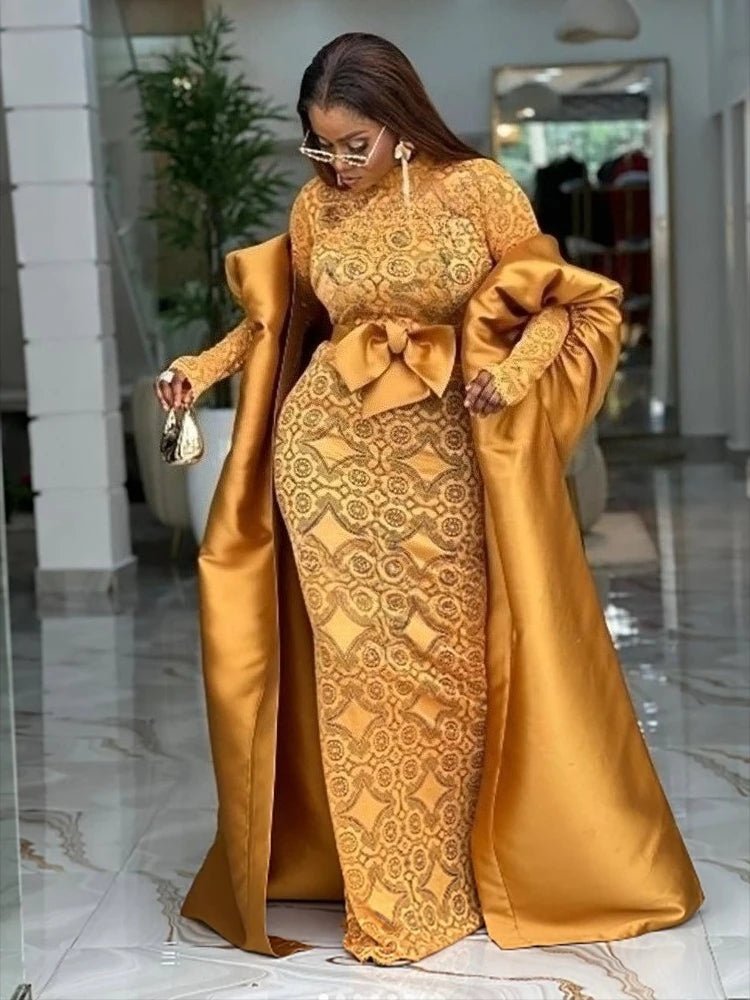 African Lace Bodycon Dress with Kaftan Robe & Bow Belt
