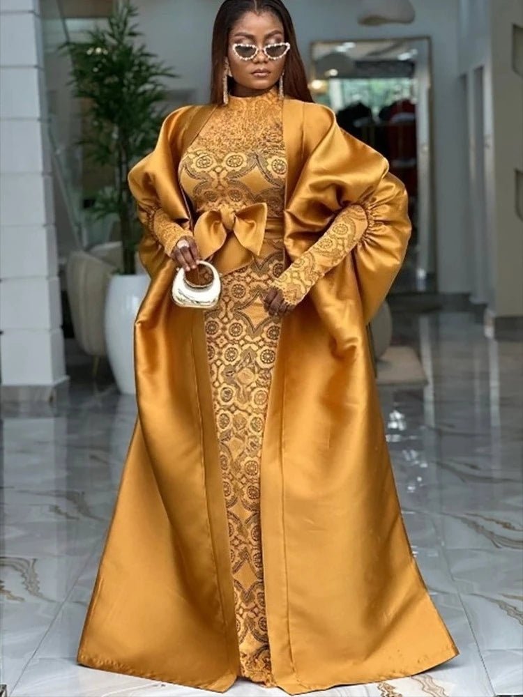 African Lace Bodycon Dress with Sheer Kaftan Boubou Robe & Bow Belt - Free Delivery Worldwide only at Flexi Africa