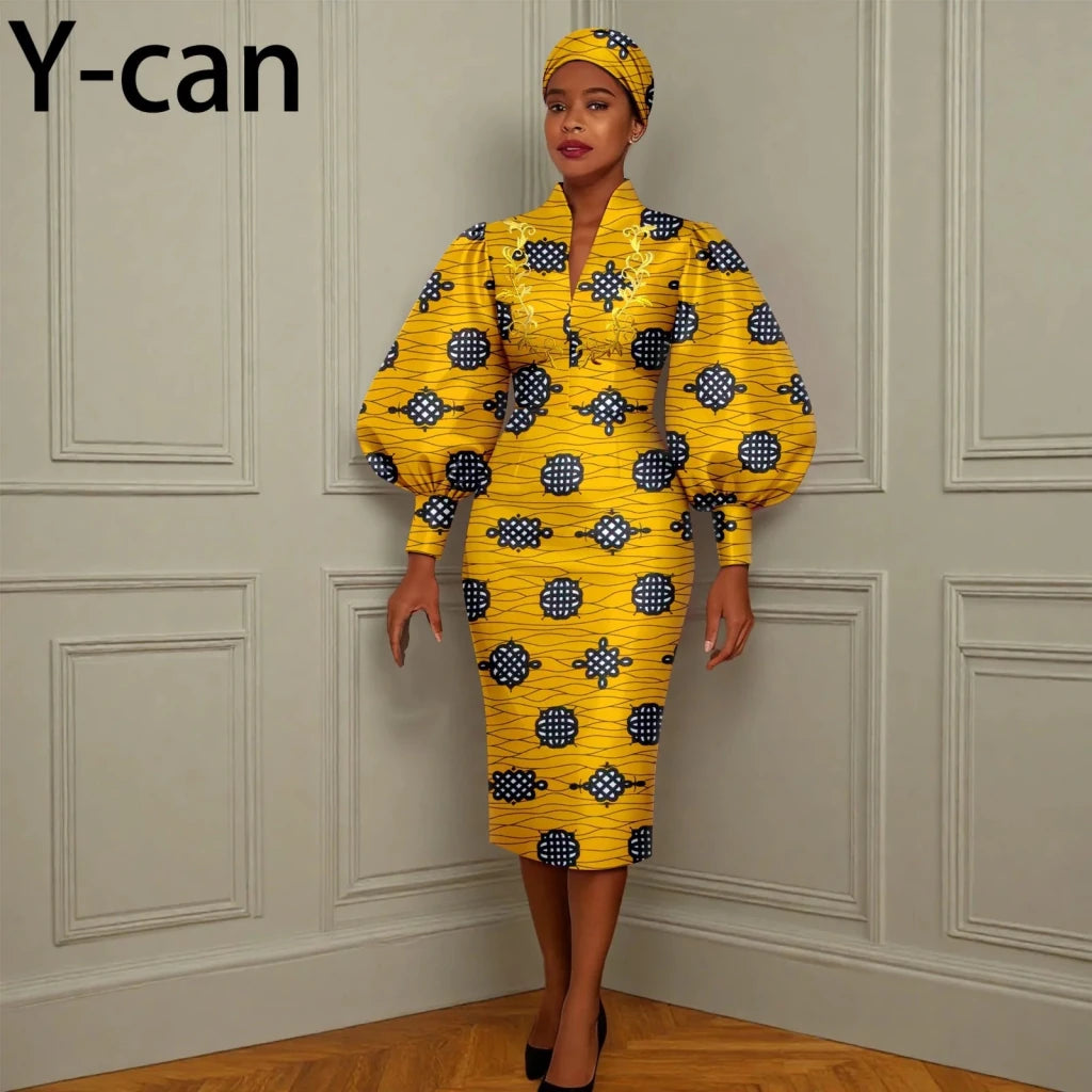African Long Party Dress for Women – Puff Sleeve V - Neck Slim Dress Free Delivery Worldwide only at Flexi Africa