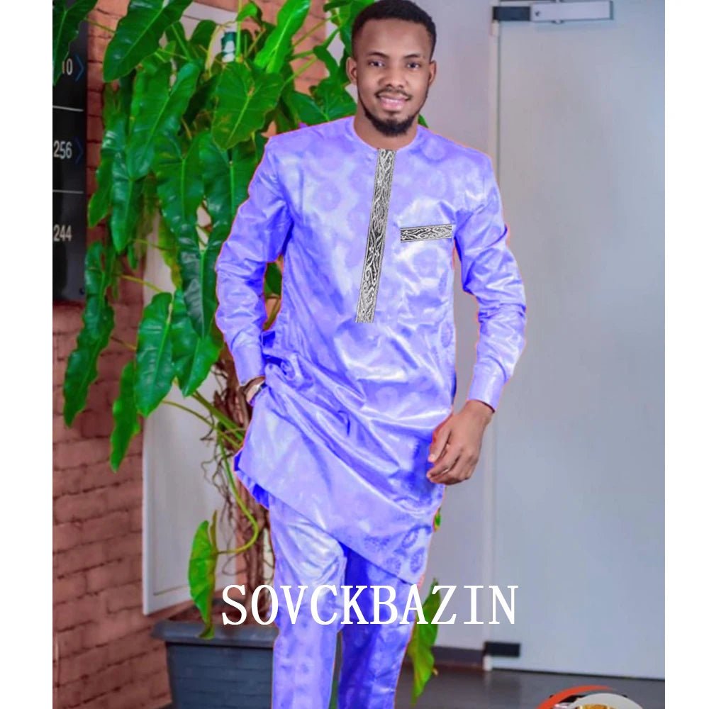 African Men Bazin Dashik Suit Clothing Casual 2 Pcs Set Shirt and Pant Nigerian Original Basin Men Outfit Party Wedding Clothes - Flexi Africa - Flexi Africa offers Free Delivery Worldwide - Vibrant African traditional clothing showcasing bold prints and intricate designs