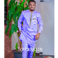 African Men Bazin Dashik Suit Clothing Casual 2 Pcs Set Shirt and Pant Nigerian Original Basin Men Outfit Party Wedding Clothes - Flexi Africa - Flexi Africa offers Free Delivery Worldwide - Vibrant African traditional clothing showcasing bold prints and intricate designs
