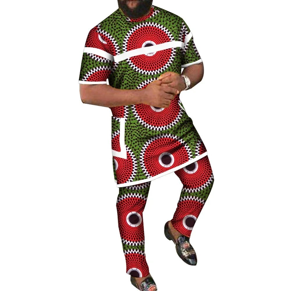 African Men’s 2PC Set – Patchwork Short Sleeve Top with Pocket & Matching Pants - Free Delivery Worldwide only at Flexi Africa