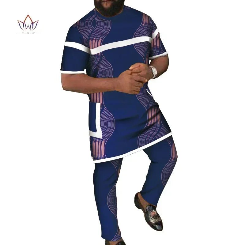 African Men’s 2PC Set – Patchwork Short Sleeve Top with Pocket & Matching Pants - Free Delivery Worldwide only at Flexi Africa
