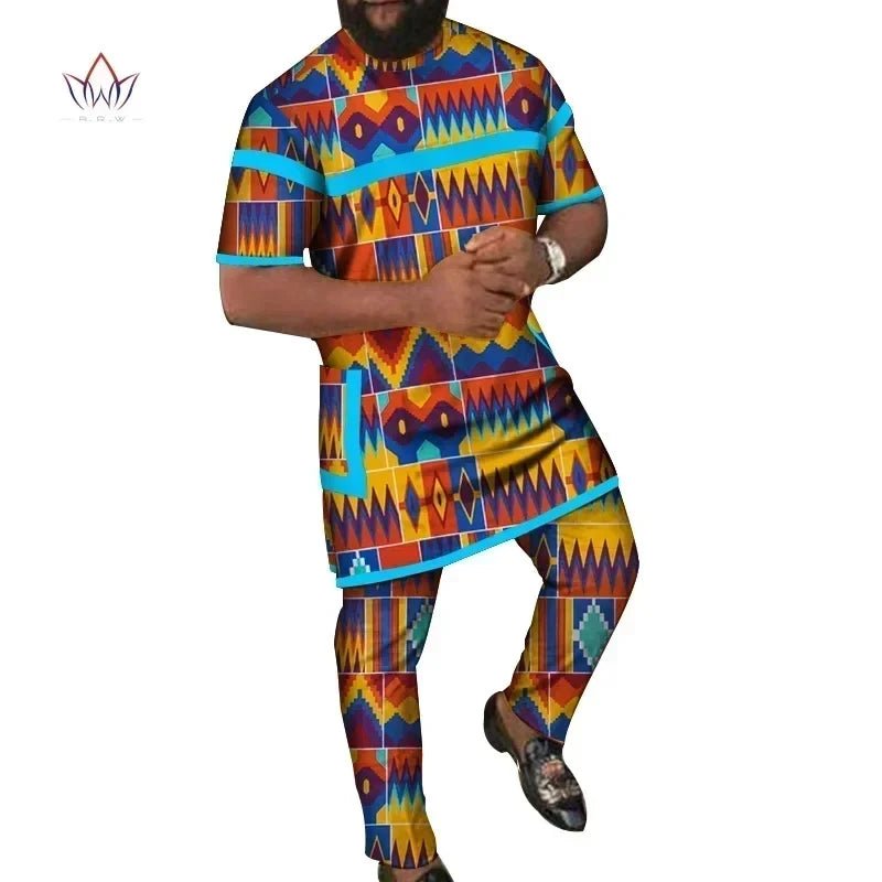 African Men’s 2PC Set – Patchwork Short Sleeve Top with Pocket & Matching Pants - Free Delivery Worldwide only at Flexi Africa