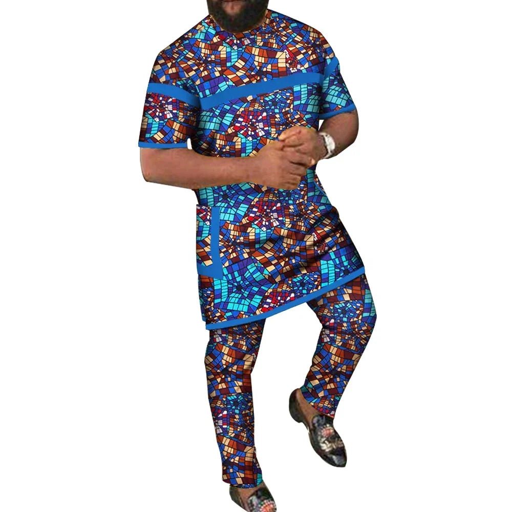 African Men’s 2PC Set – Patchwork Short Sleeve Top with Pocket & Matching Pants - Free Delivery Worldwide only at Flexi Africa