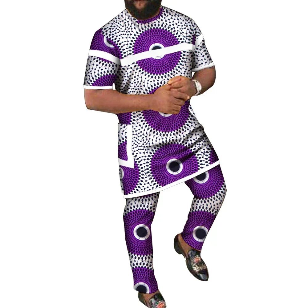 African Men’s 2PC Set – Patchwork Short Sleeve Top with Pocket & Matching Pants - Free Delivery Worldwide only at Flexi Africa