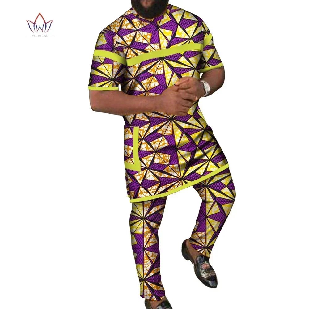 African Men’s 2PC Set – Patchwork Short Sleeve Top with Pocket & Matching Pants - Free Delivery Worldwide only at Flexi Africa