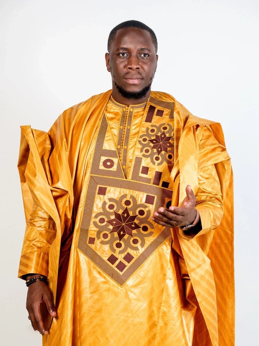 African Men's Bazin Riche Embroidered Top with Long Sleeves - Flexi Africa - Free Delivery Worldwide www.flexiafrica.com