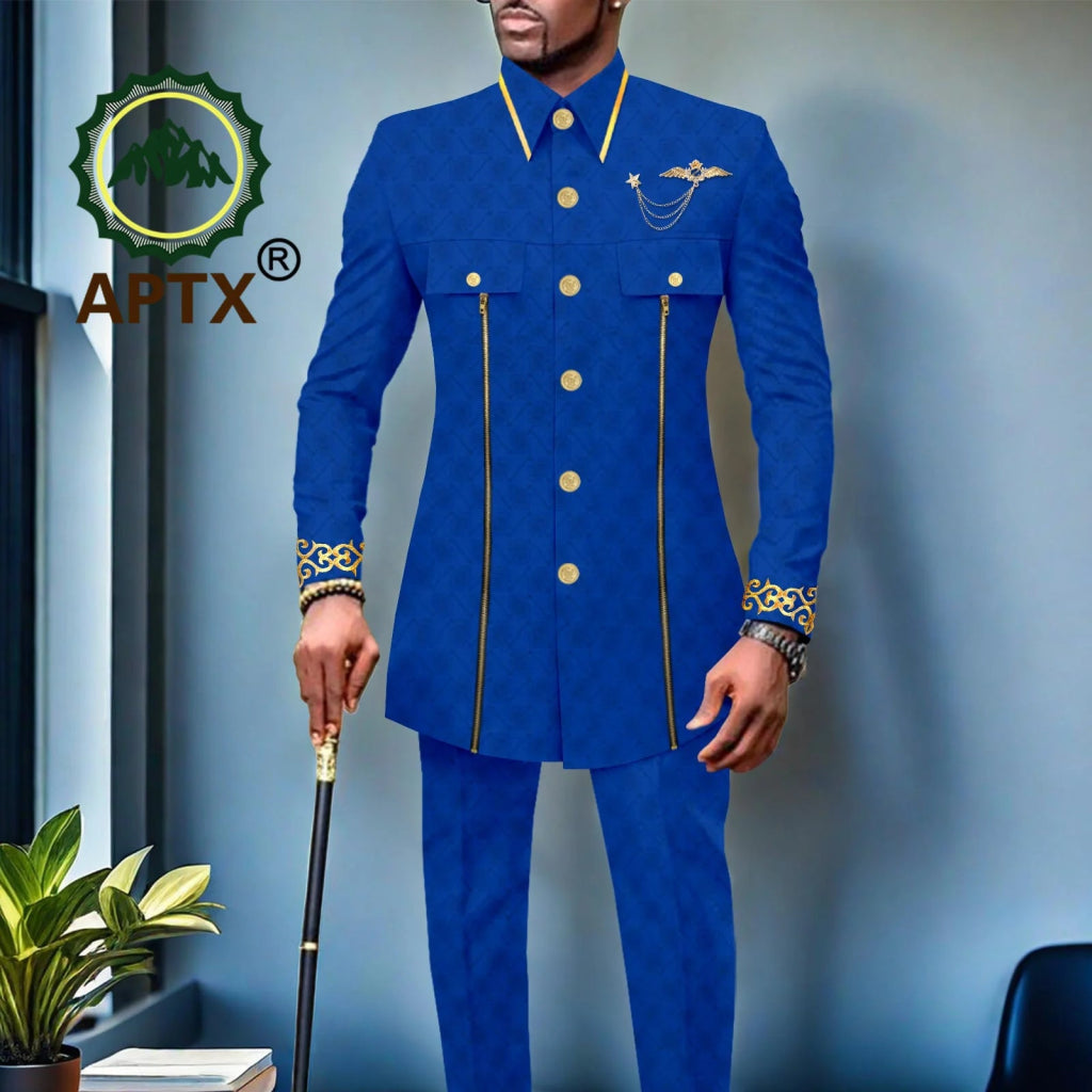 African Men’s Bazin Riche Suit – Gold Embroidered Coat and Pants Set for Weddings and Formal Occasions - Free Delivery Worldwide only at Flexi Africa