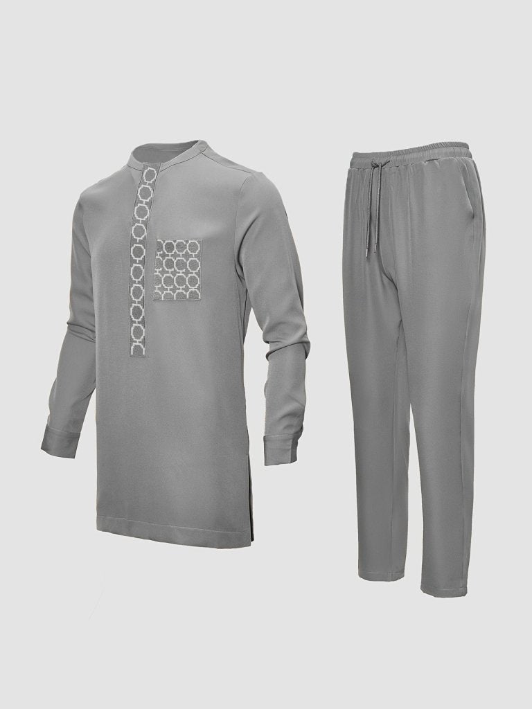 African Men’s Dashiki Outfit Set – Embroidered Round Neck Shirt & Elastic Waist Trousers (2PCS) - Free Delivery Worldwide only at Flexi Africa