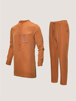 African Men’s Dashiki Outfit Set – Embroidered Round Neck Shirt & Elastic Waist Trousers (2PCS) - Free Delivery Worldwide only at Flexi Africa