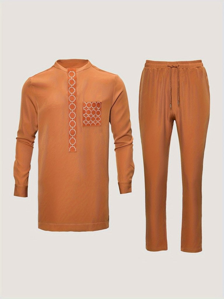 African Men’s Dashiki Outfit Set – Embroidered Round Neck Shirt & Elastic Waist Trousers (2PCS) - Free Delivery Worldwide only at Flexi Africa