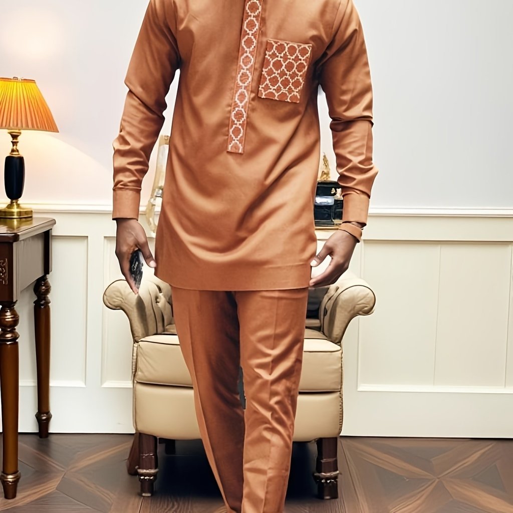 African Men’s Dashiki Outfit Set – Embroidered Round Neck Shirt & Elastic Waist Trousers (2PCS) - Free Delivery Worldwide only at Flexi Africa