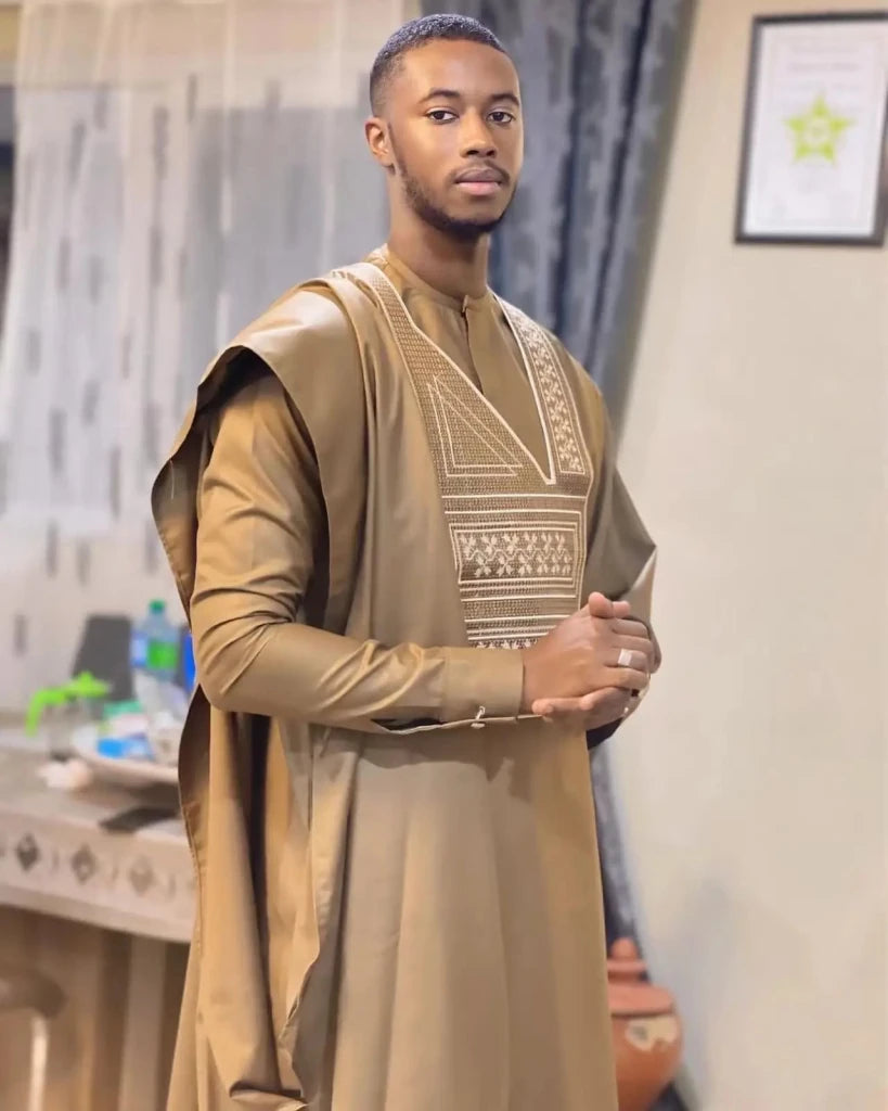 African Men’s Embroidered Outfit Set – Long Sleeve Traditional Top with Matching Pants for Formal & Cultural Wear - Free Delivery Worldwide only at Flexi Africa