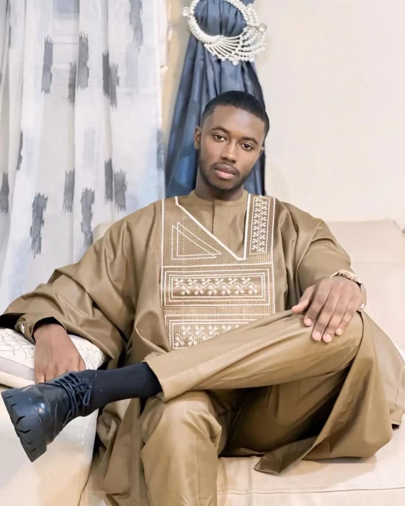 African Men’s Embroidered Outfit Set – Long Sleeve Traditional Top with Matching Pants for Formal & Cultural Wear - Free Delivery Worldwide only at Flexi Africa