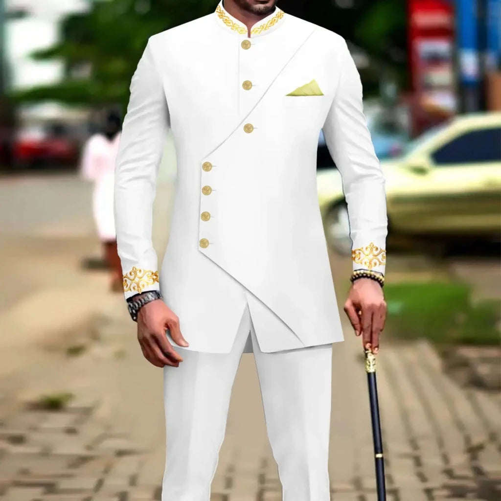 African Men’s Slim - Fit Suit Set – Double - Breasted Embroidered Blazer & Matching Trousers, Full - Sleeve Formal Business Attire - Free Delivery Worldwide only at Flexi Africa