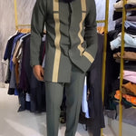 African Men’s Stripe Pattern Outfit Set – Long Sleeve Cultural Robe & Matching Drawstring Pants - Free Delivery Worldwide only at Flexi Africa