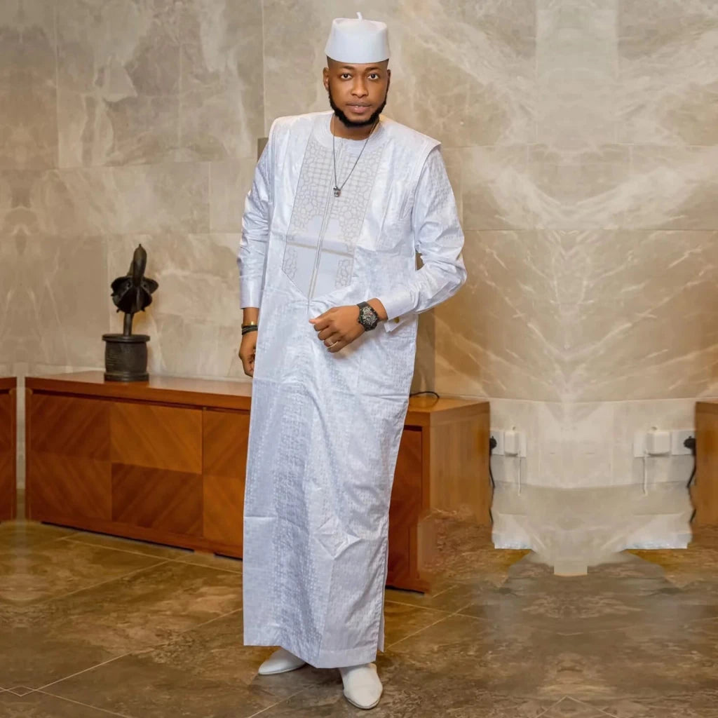 African Men’s Traditional Bazin Riche 3PC Set – Long Sleeve Top, Matching Pants & Inner Shirt - Free Delivery Worldwide only at Flexi Africa
