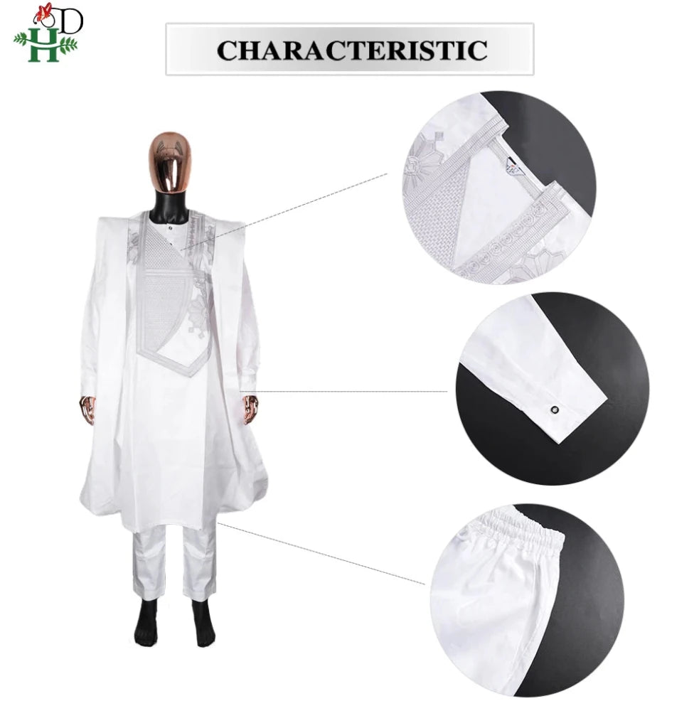 Step into timeless elegance with this African Men’s White 3PC Bazin Riche Outfit, a refined traditional clothing set designed