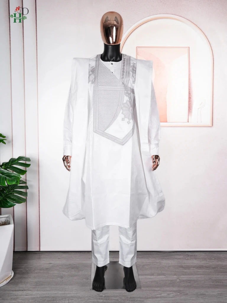 Step into timeless elegance with this African Men’s White 3PC Bazin Riche Outfit, a refined traditional clothing set designed