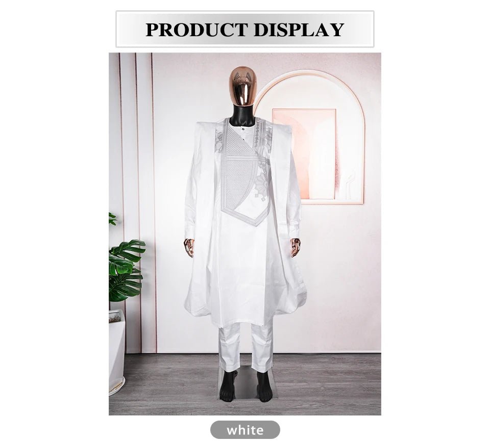 Step into timeless elegance with this African Men’s White 3PC Bazin Riche Outfit, a refined traditional clothing set designed