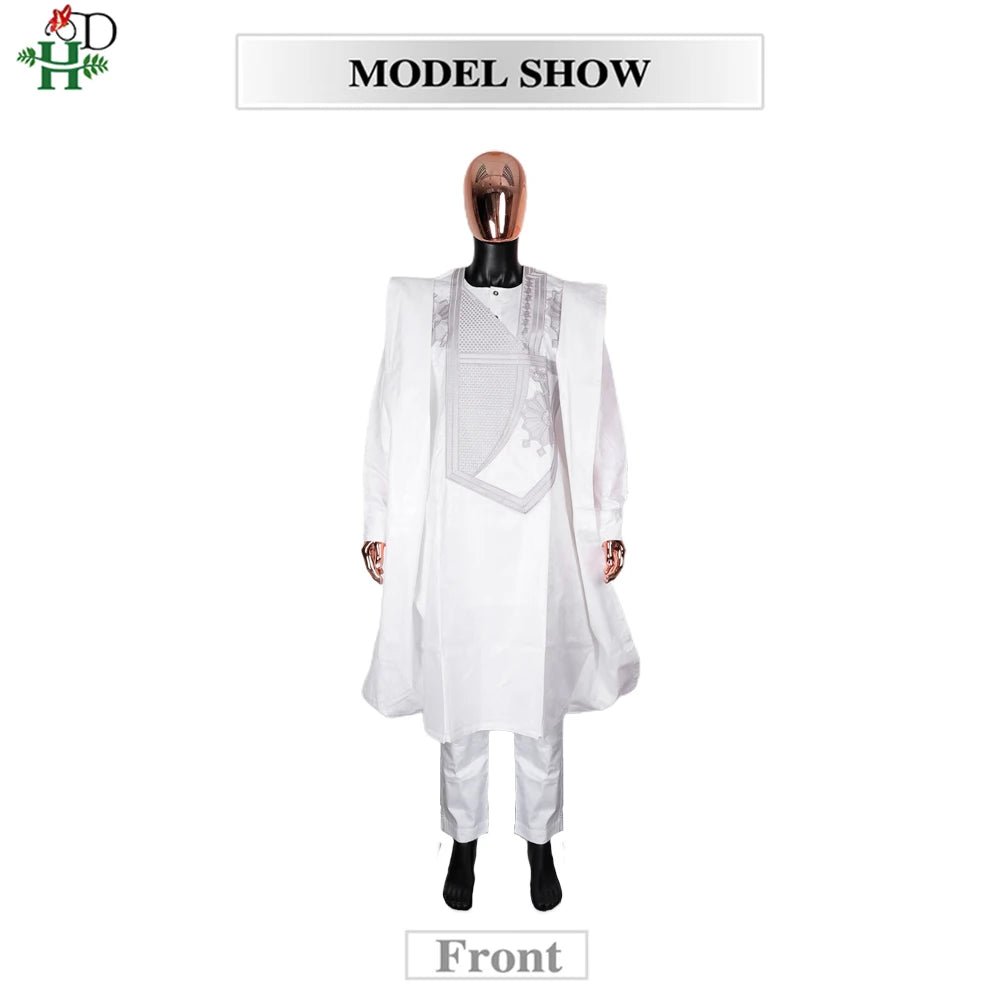 Step into timeless elegance with this African Men’s White 3PC Bazin Riche Outfit, a refined traditional clothing set designed