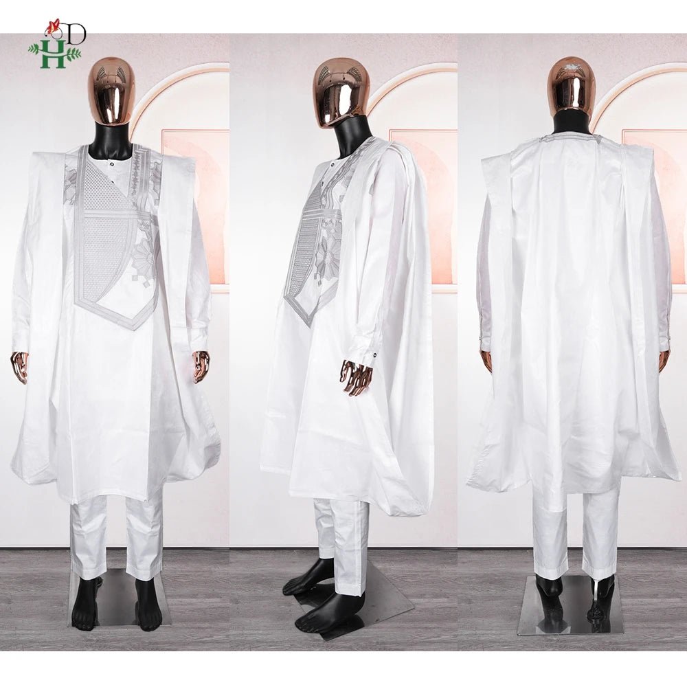 Step into timeless elegance with this African Men’s White 3PC Bazin Riche Outfit, a refined traditional clothing set designed