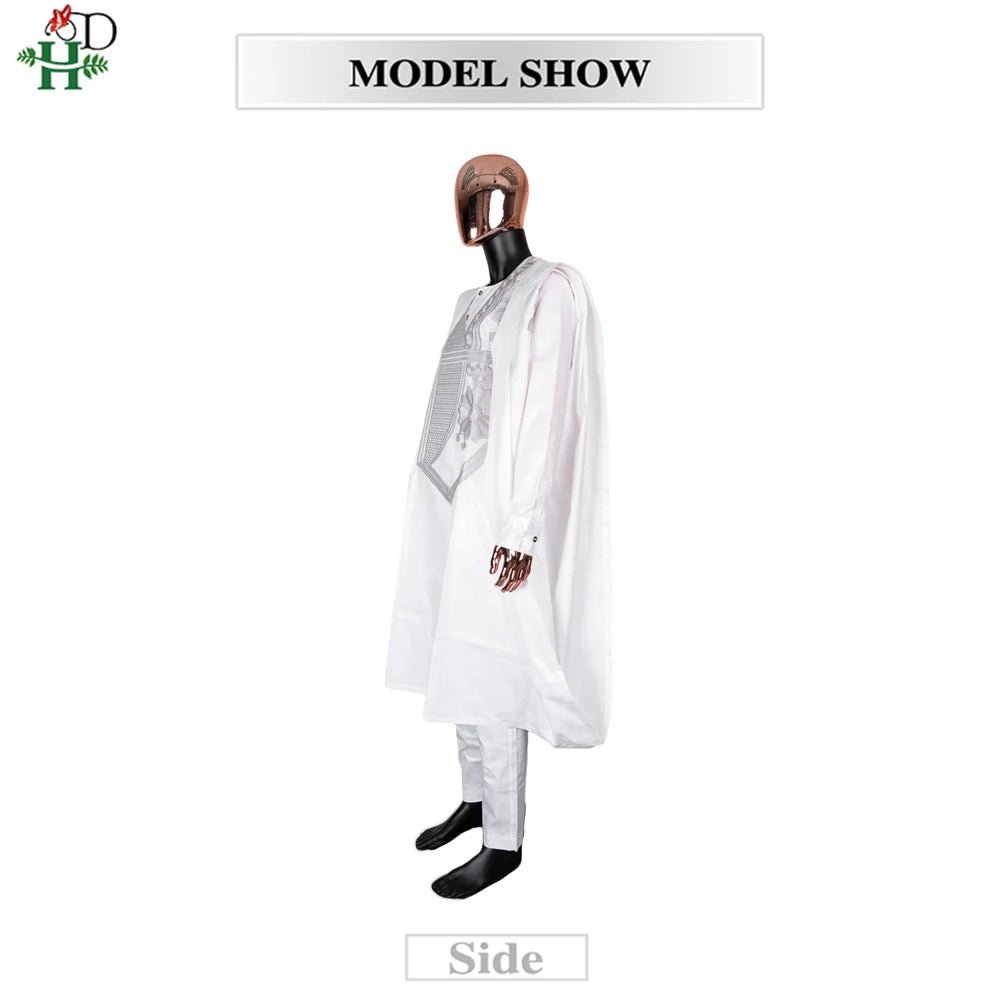 Step into timeless elegance with this African Men’s White 3PC Bazin Riche Outfit, a refined traditional clothing set designed