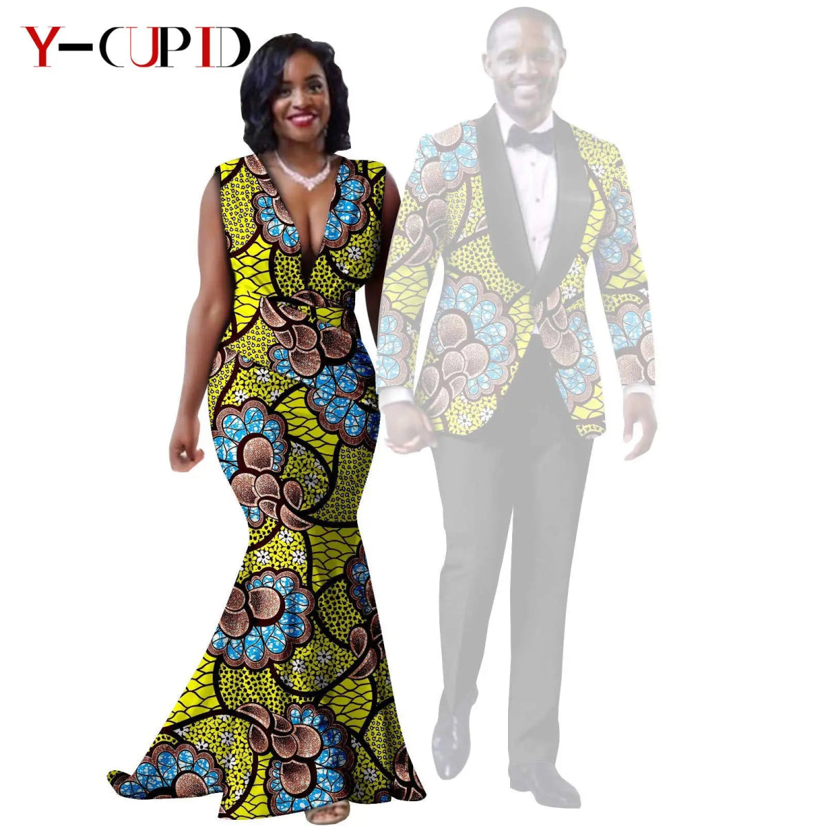 African Mermaid Dress & Matching Men’s Suit Set – Dashiki Couple Outfit for Weddings and Special Events - Free Delivery Worldwide only at Flexi Africa