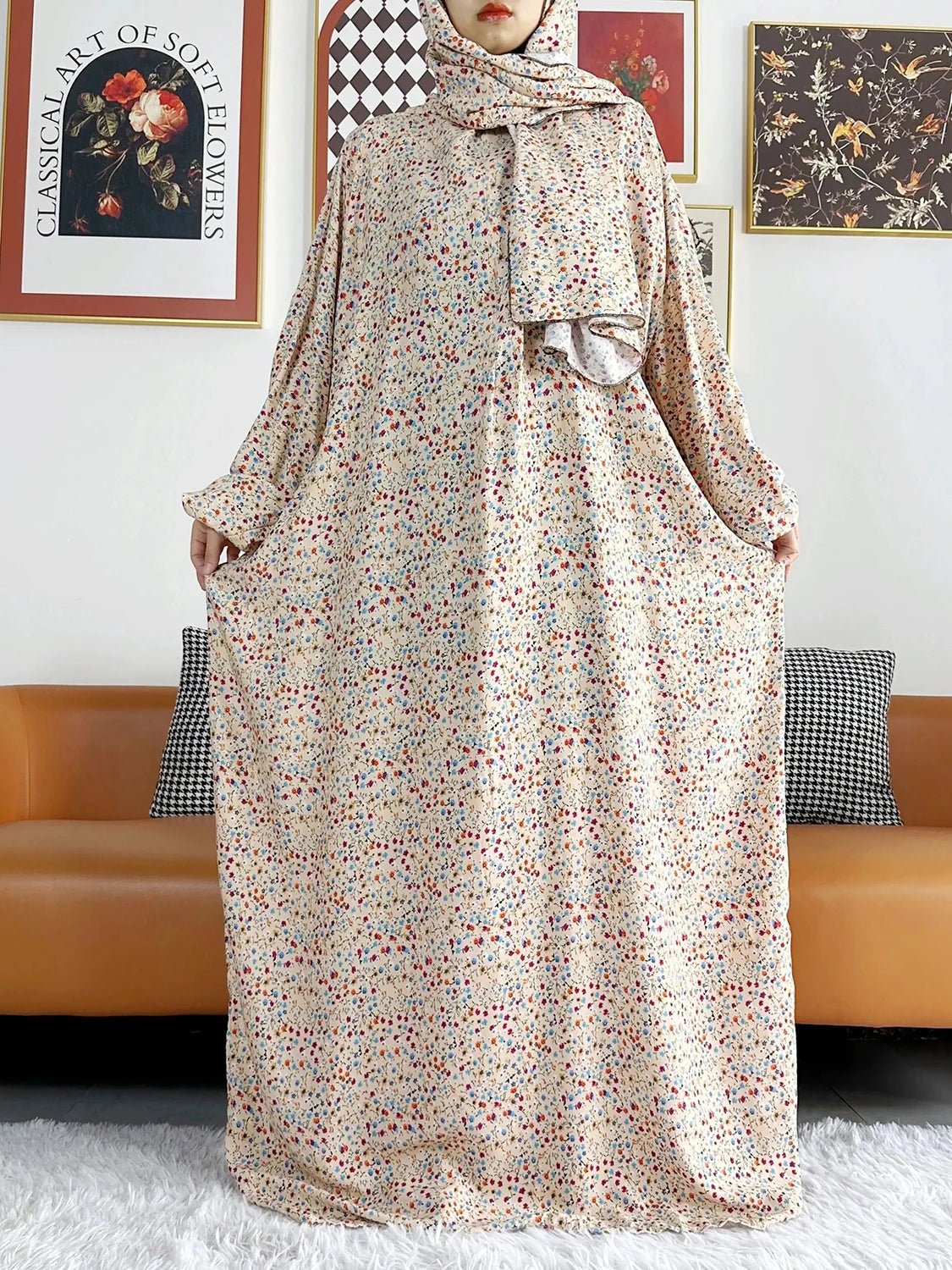 African Muslim Women Hooded Cotton Prayer Garment Kaftan With Hijab Floral Prints - Flexi Africa - www.flexiafrica.com