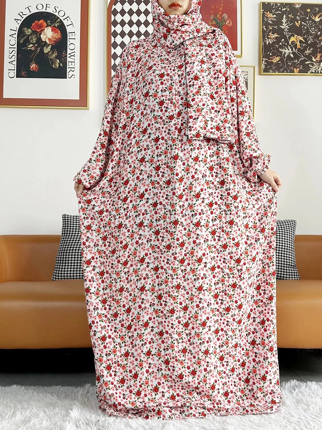 African Muslim Women Hooded Cotton Prayer Garment Kaftan With Hijab Floral Prints - Flexi Africa - www.flexiafrica.com