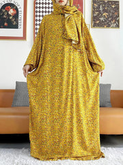 African Muslim Women Hooded Cotton Prayer Garment Kaftan With Hijab Floral Prints - Flexi Africa - www.flexiafrica.com