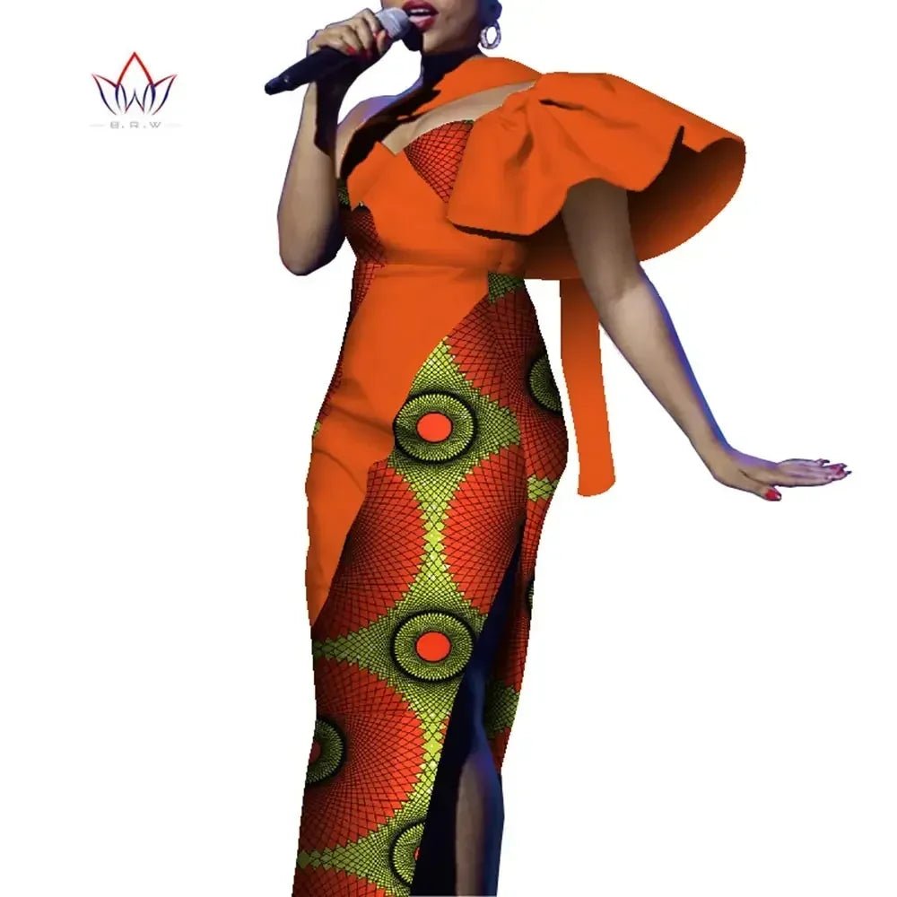 African One - Shoulder Maxi Dress – Bazin Riche Wax Print Gown for Women - Free Delivery Worldwide only at Flexi Africa